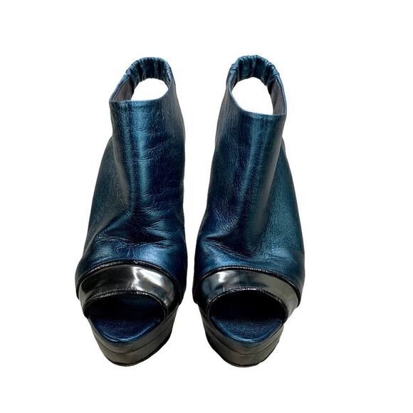 Devi Kroell Blue Silver Metallic Leather Peep Toe Platform Booties 37 / 7 - Picture 3 of 12